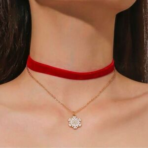 Holiday Christmas Red Velvet Snowflake Choker Statement Necklace
